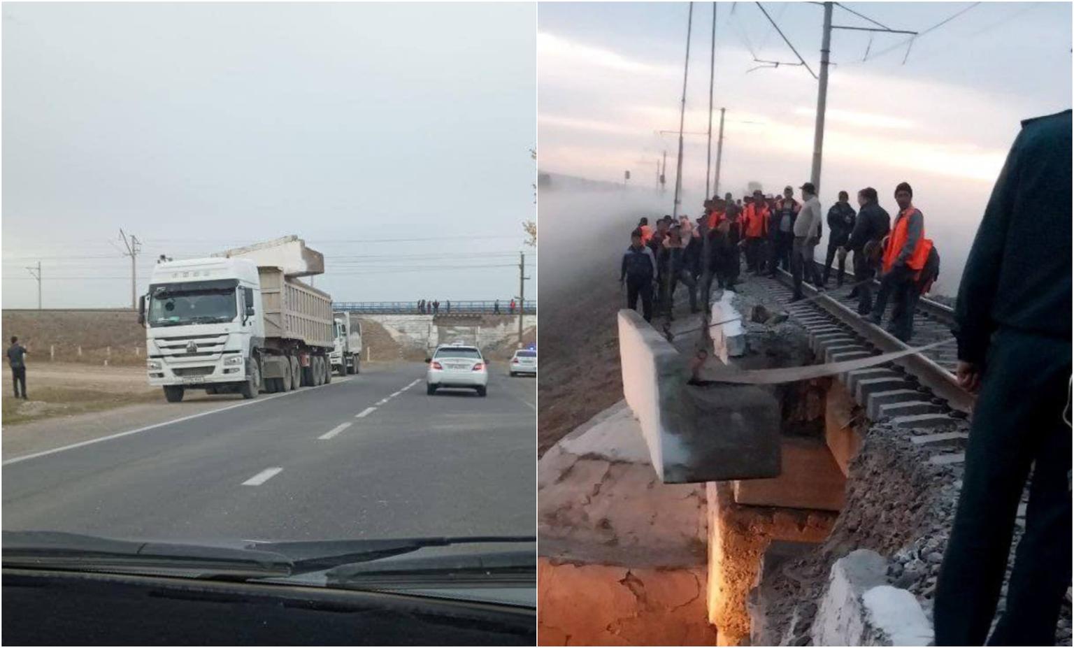 В Джизаке грузовик снес балку ж\д моста